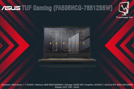 Laptop Asus TUF Gaming (FA506NCG-78512B5W) | Processor: AMD Ryzen™️ 7 7445HS | Memory: 8GB DDR5 5600MHz | Storage: 512GB SSD | Graphics: NVIDIA®️ GeForce RTX 3050 4GB GDDR6