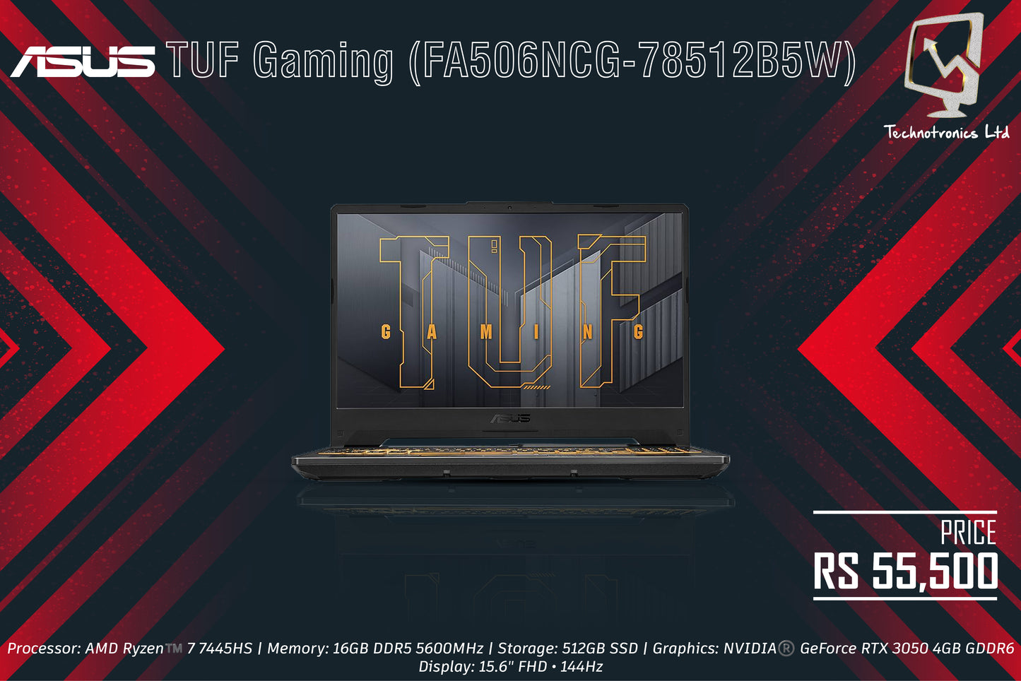 Laptop Asus TUF Gaming (FA506NCG-78512B5W) | Processor: AMD Ryzen™️ 7 7445HS | Memory: 8GB DDR5 5600MHz | Storage: 512GB SSD | Graphics: NVIDIA®️ GeForce RTX 3050 4GB GDDR6