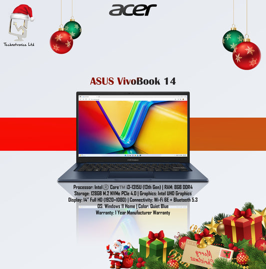 ASUS VivoBook 14 (X1404VA-i38128) | Processor: Intel®️ Core™️ i3-1315U | RAM: 8GB DDR4 | Storage: 128GB M.2 NVMe PCIe 4.0 | Display: 14” Full HD (1920×1080) | Graphics: Intel UHD Graphics