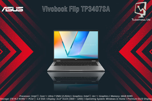 ASUS Vivobook Flip TP3407SA | Processor: Intel®️ Core™️ Ultra 7 256V (2.2GHz) | Graphics: Intel®️ Arc™️ Graphics | Memory: 16GB DDR5 | Storage: 1TB M.2 NVMe | Display: 14.0” OLED (1920 × 1200)
