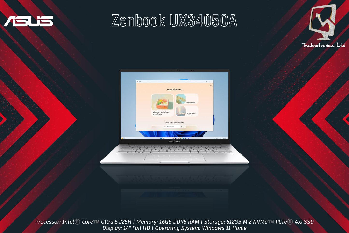 Laptop Asus Zenbook UX3405CA-OU516512S5W | Processor: Intel®️ Core™️ Ultra 5 225H | Memory: 16GB DDR5 RAM |  Storage: 512GB M.2 NVMe | Display: 14" Full HD
