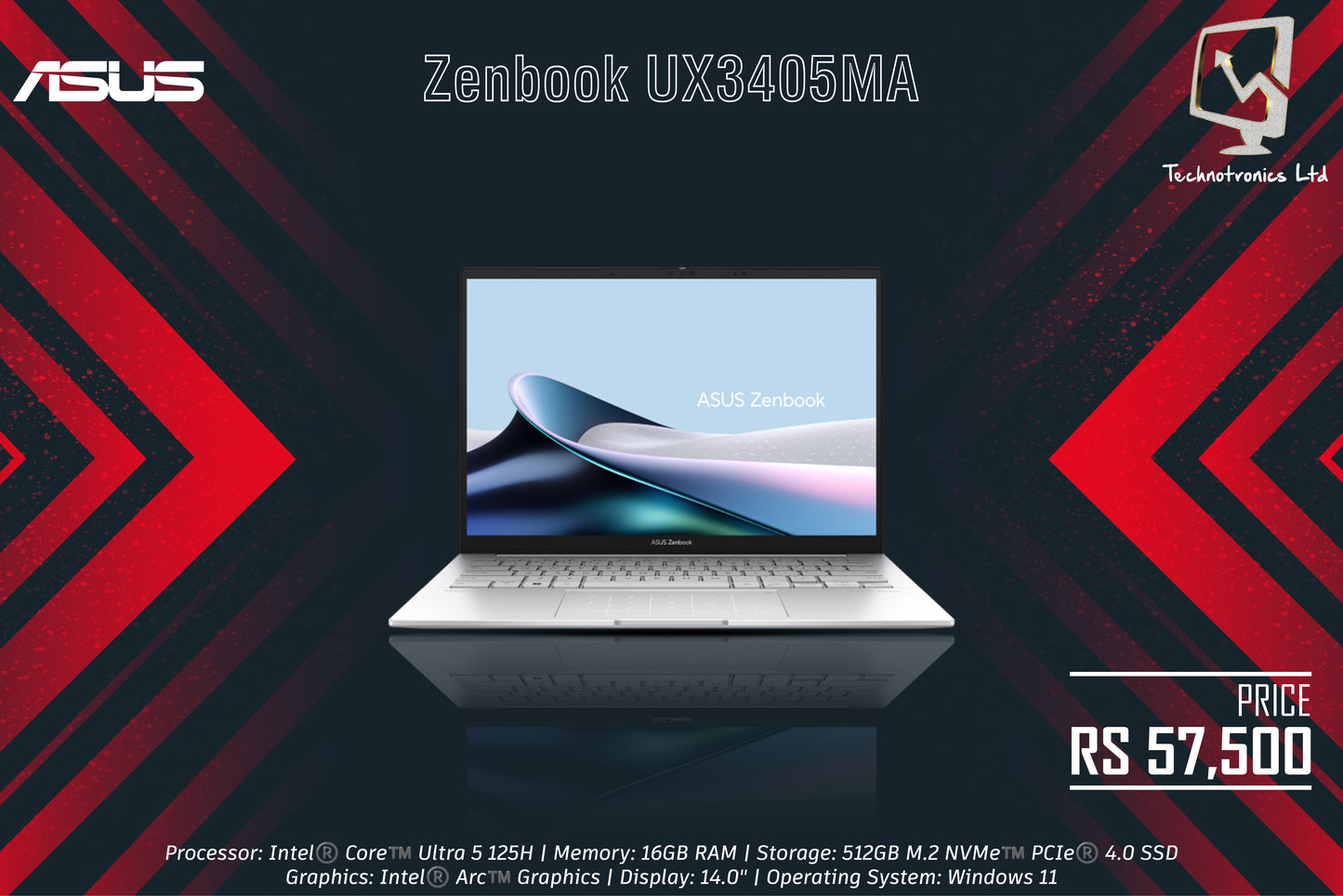 Laptop Asus Zenbook UX3405MA-OU516512S0W | Processor: Intel®️ Core™️ Ultra 5 125H | Memory: 16GB RAM | Storage: 512GB M.2 NVMe |  Graphics: Intel®️ Arc™️ Graphics