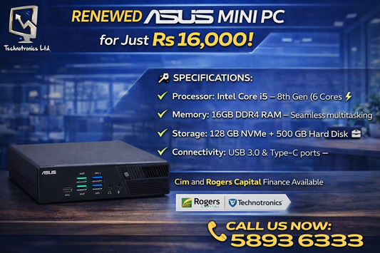 Renewed Asus Mini PC |  Processor: Intel Core i5 – 8th Gen | Memory: 16GB DDR4 RAM | Storage: 128GB NVMe +500 GB Hard Disk