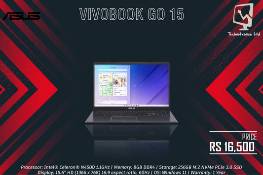 ASUS VIVOBOOK GO 15 | Processor: Intel® Celeron® N4500 1.1GHz | Memory: 8GB DDR4 | Storage: 256GB M.2 NVMe PCIe 3.0 SSD
