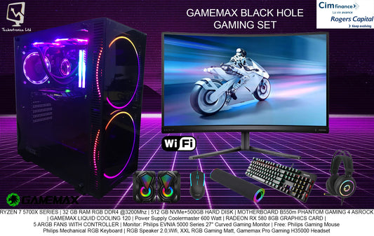 GAMEMAX BLACK HOLE GAMING CASE CMPLETE SET, RYZEN 7 5700X SERIES, 32 GB RAM RGB DDR4@3200Mhz, 512 GB NVMe+500 GB HARD DISK, RX 580 8GB GRAPHICS CARD