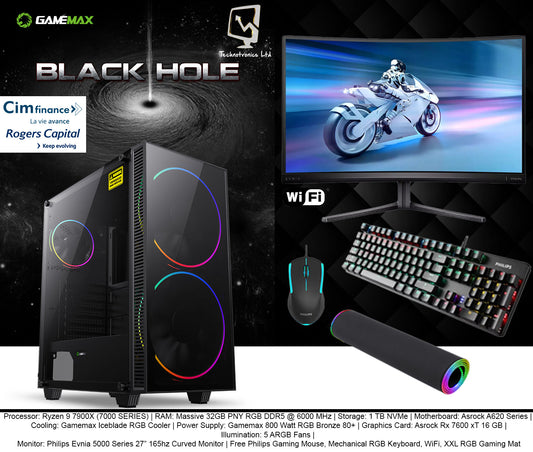 Black Hole Case xD Ryzen 9 7900x Set, RAM: Massive 32GB PNY RGB DDR5 @ 6000 MHz, Storage: 1 TB NVMe, Graphics Card: Asrock Rx 7600 xT 16 GB