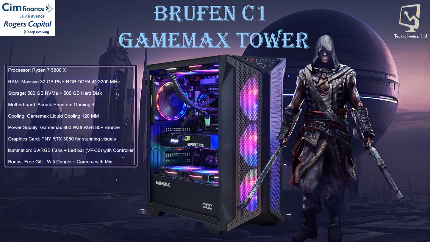 Gamemax Brufen C1 Tower | Processor: Ryzen 7 5800 X | RAM: 32 GB PNY RGB DDR4 @ 3200 MHz | Storage: 500 GB NVMe + 500 GB Hard Disk | Graphics Card: PNY RTX 3050 |