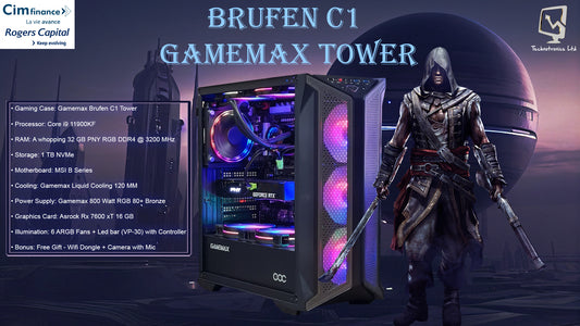 Brufen C1 Tower, Processor: Core i9 11900KF, RAM: A whopping 32 GB PNY RGB DDR4, Storage: 1 TB NVMe, Graphics Card: Asrock Rx 7600 xT 16 GB