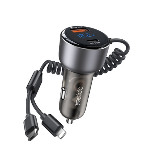 Yesido Y58 60W PD + QC3.0 Dual Port Car Fast Charger with USB-C / Type-C + 8 Pin Spring Cable- Vehicle