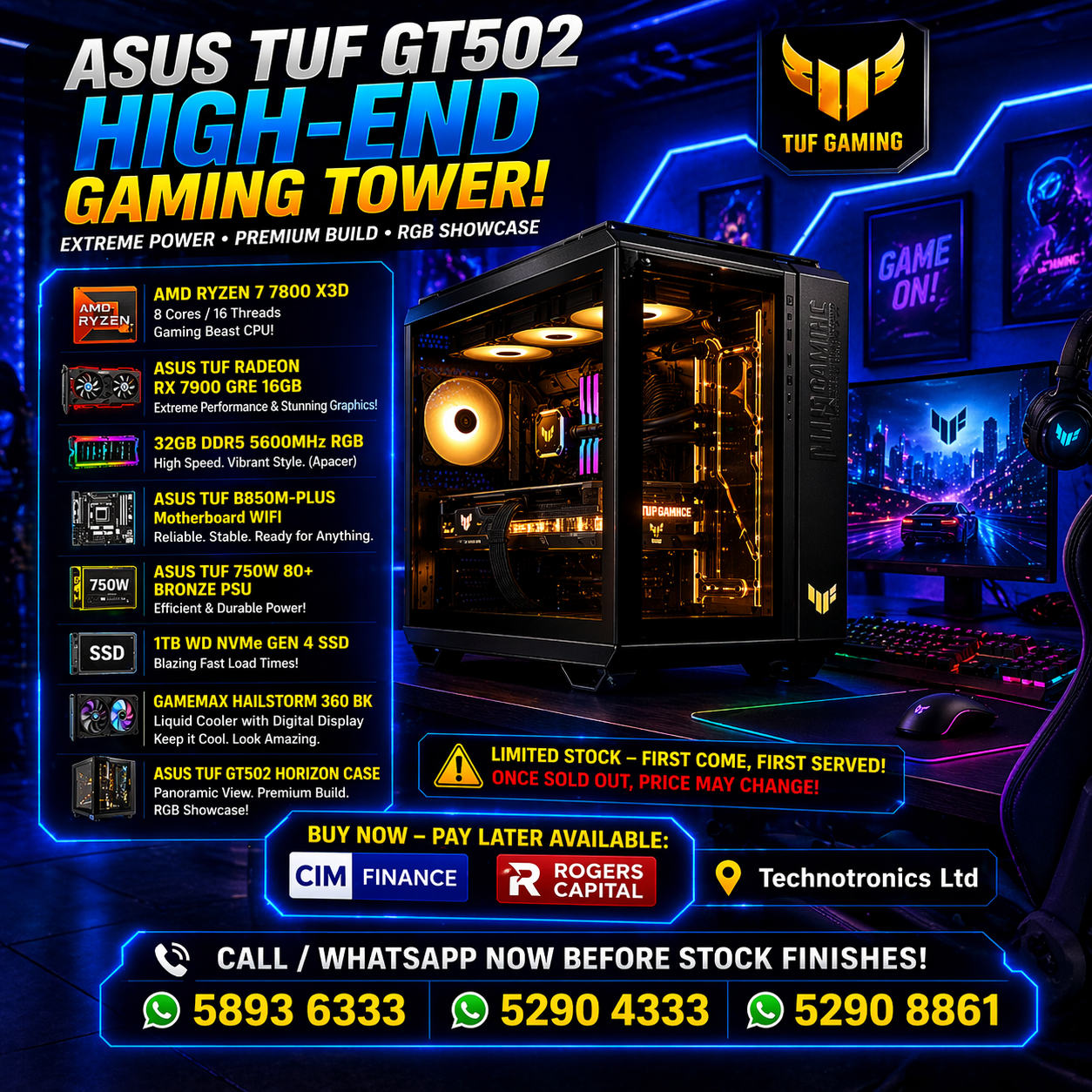 ASUS TUF GT502 HIGH-END GAMING TOWER- Ryzen  7 7800 X3D & ASUS AMD RADEON RX 7900 Gre 16GB