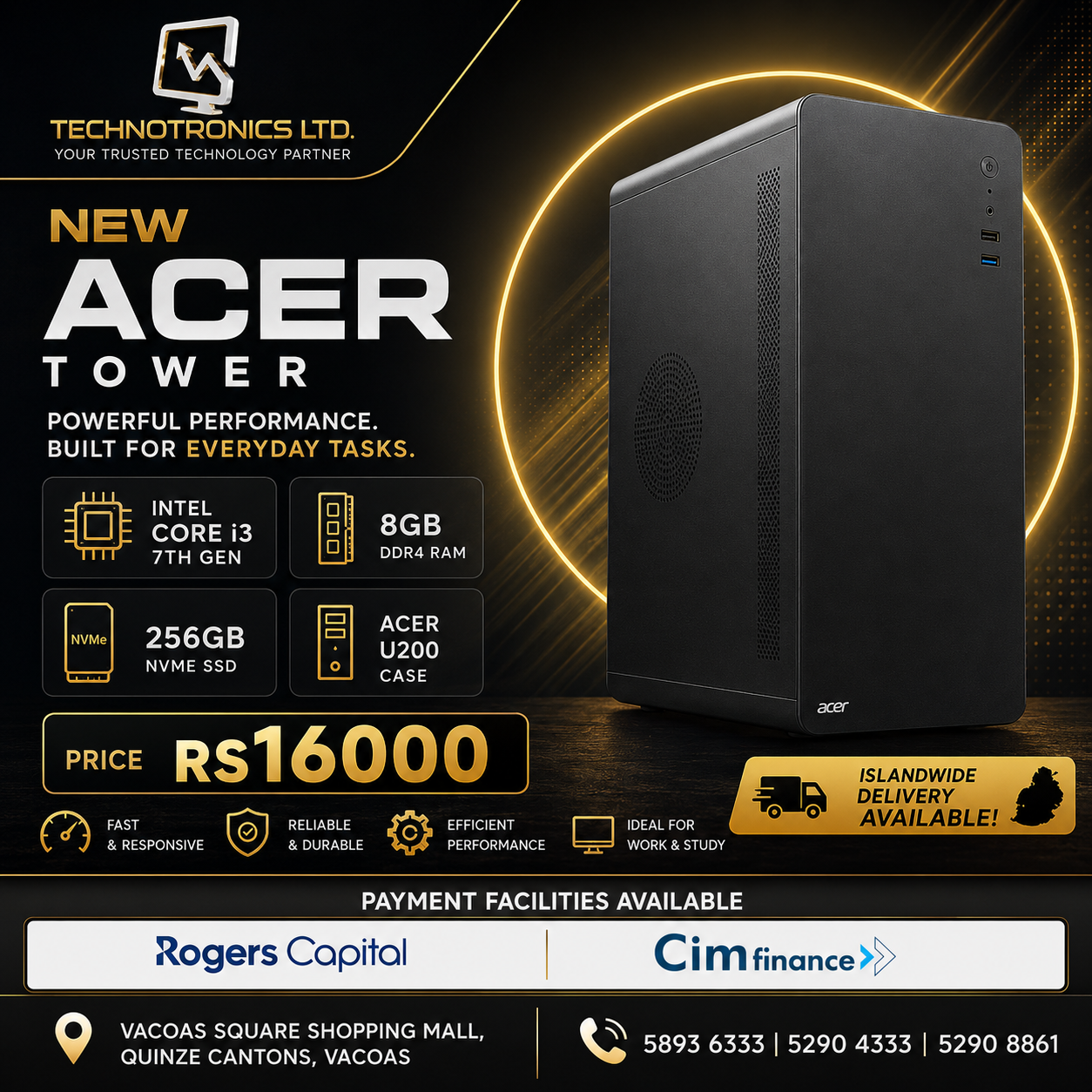 Acer U200 Tower PC | INTEL i3 7th Gen | 8GB DDR4 RAM | 256GB NVMe SSD