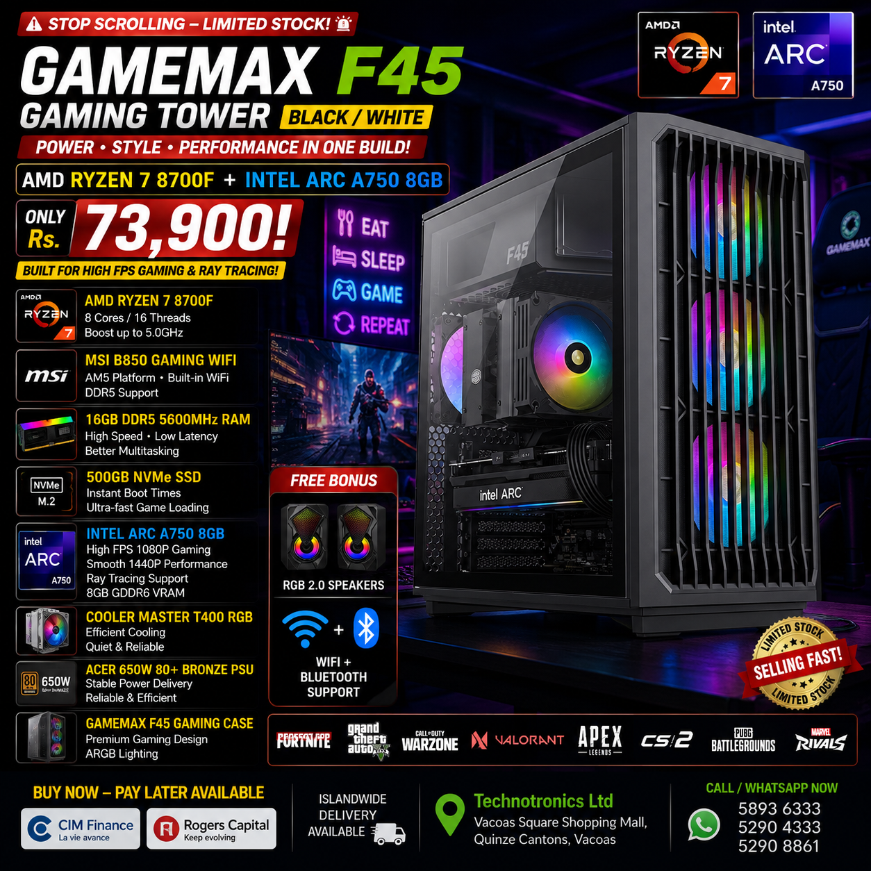AMD Ryzen 7 8700F + Intel Arc A750 8GB+ MSI B850 Gaming Wifi Mainboard