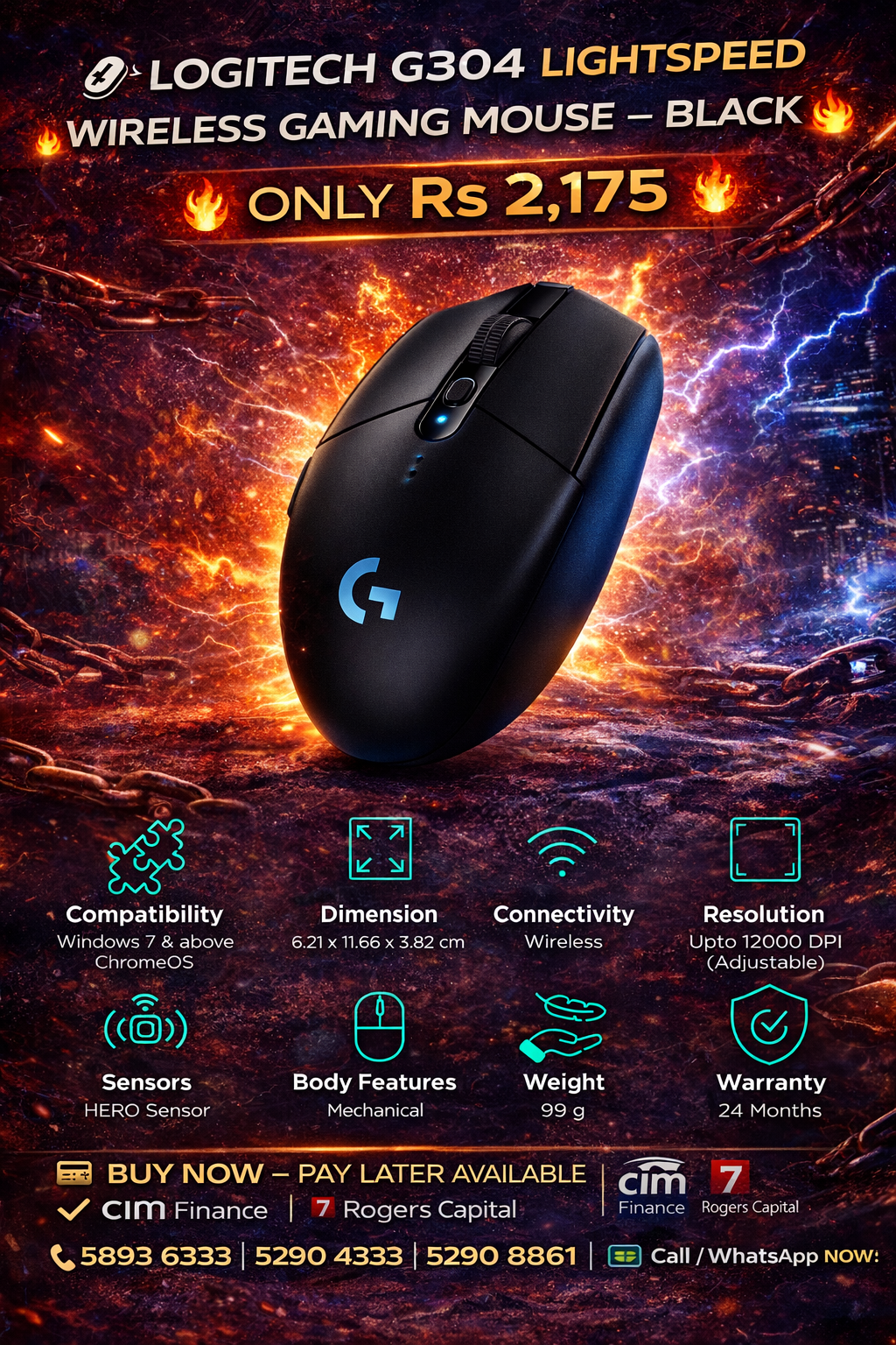 LOGITECH G304 LIGHTSPEED WIRELESS GAMING MOUSE – BLACK 🔥🖱️ 💥 ONLY Rs 2,175 💥
