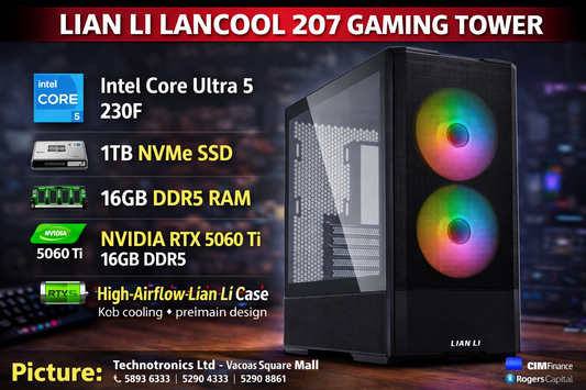 LIAN LI LANCOOL 207 GAMING TOWER | Processor: Intel Core Ultra 5 230F | Storage: 1TB NVMe SSD | RAM: 16GB DDR5 | Graphics Card: NVIDIA RTX 5060 Ti 16GB DDR5 |