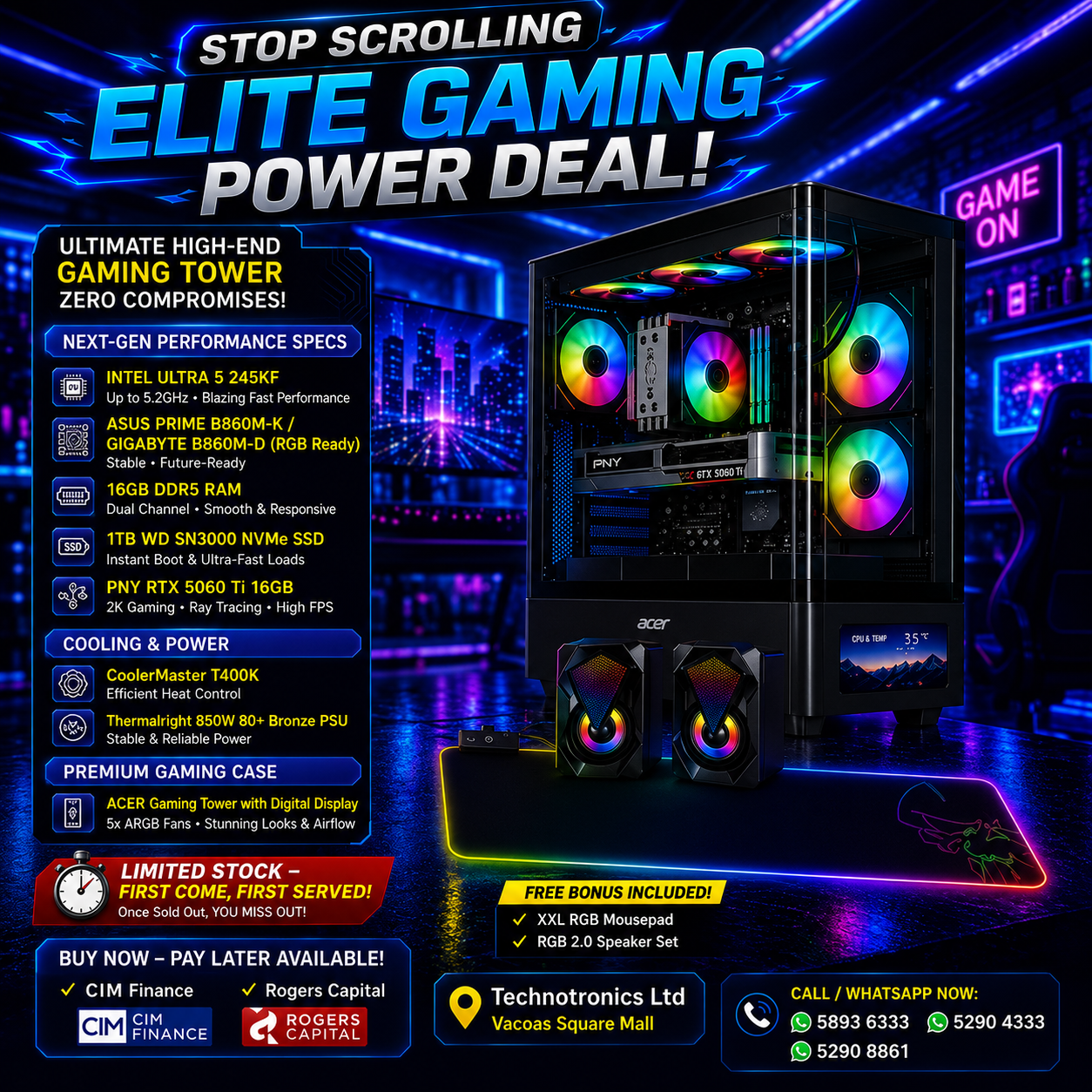 ACER GAMING TOWER Core Ultra 5 245KF| 16GB DDR5 RAM |1TB WD SN3000 NVMe SSD|RTX 5060TI