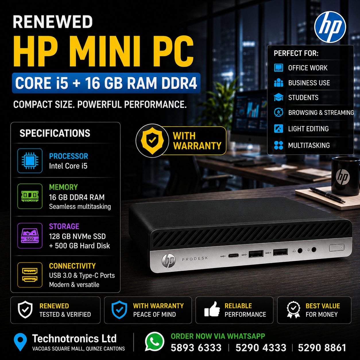 Renewed HP Mini PC |  Processor: Intel Core i5 – 8th Gen | Memory: 16 GB DDR4 RAM | Storage: 128GB NVMe +500 GB Hard Disk