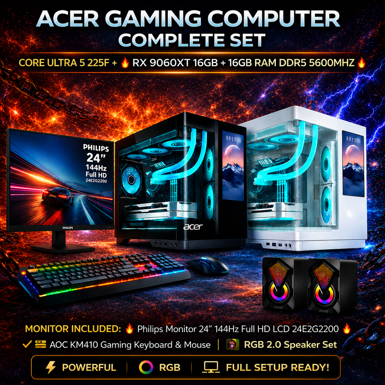 ACER GAMING COMPLETE SET (BLACK / WHITE) | CPU: Intel Core Ultra 5 225F | 16GB DDR5 @ 5600MHz | 500GB NVMe Gen 4 | ASRock RX 9060XT 16GB