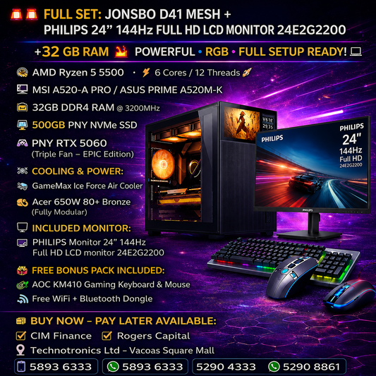 JONSBO D41 MESH GAMING SET WITH SCREEN| AMD Ryzen 5 5500| 32GB DDR4 RAM | 500 GB NVMe SSD |  PNY RTX 5060