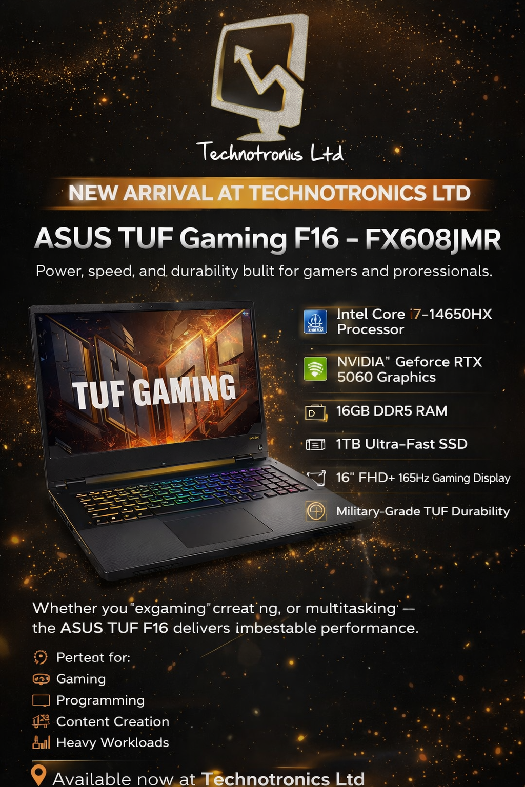 ASUS TUF Gaming F16 (FX608JMR)| Intel Core i7-14650HX Processor| RTX 5060 Graphics| 16GB DDR5 |1TB NVMe