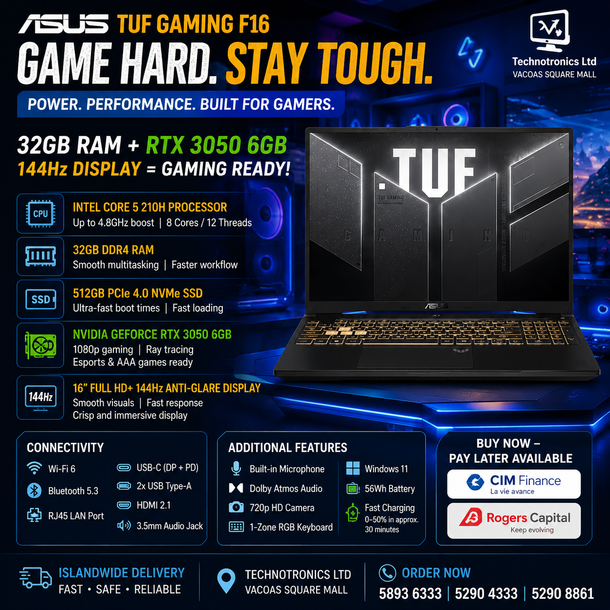 ASUS TUF Gaming FX607VJ-I58512G5W | Processor: Intel®️ Core™️ 5 210H | Memory:  32 GB DDR4 | Storage: 512GB M.2 2280 NVMe™️ PCIe | Graphics: NVIDIA®️ GeForce RTX™️ 3050 (6GB GDDR6)