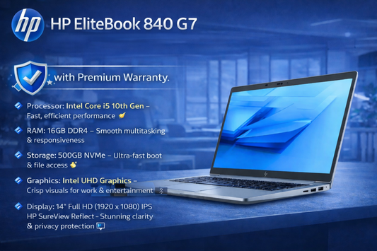 HP Elitebook 840 G7 | Processor: Intel Core i5 10th Gen | RAM: 16GB DDR4 | Storage: 500GB NVMe