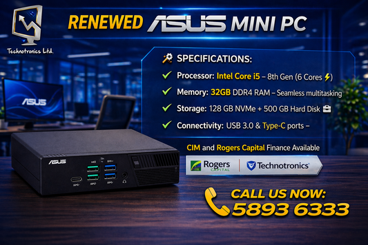 Renewed Asus Mini PC |  Processor: Intel Core i5 – 8th Gen | Memory: 32 GB DDR4 RAM | Storage: 128GB NVMe +500 GB Hard Disk