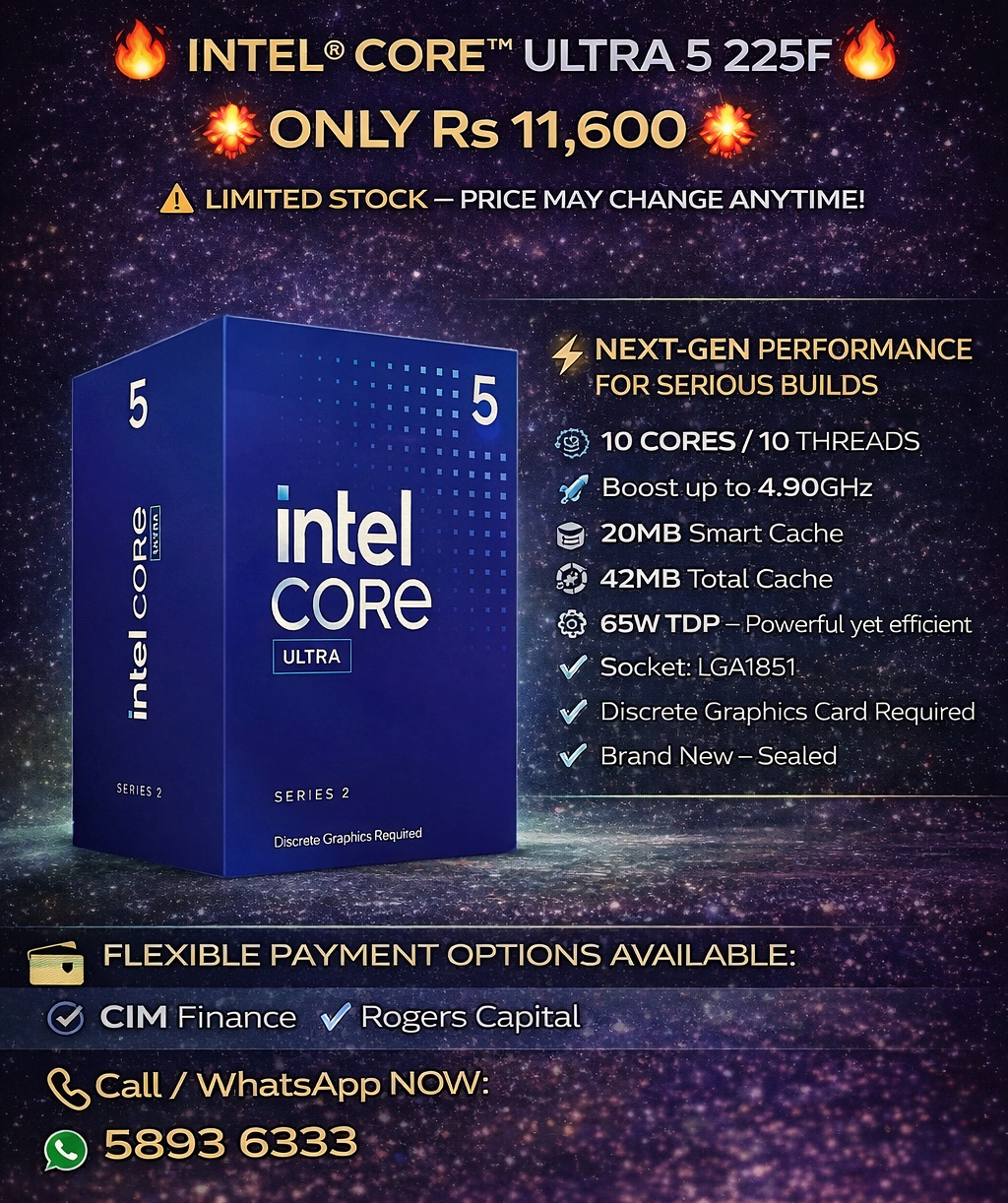 🔥 💥INTEL® CORE™ ULTRA 5 225F Processor ONLY Rs 11,600 💥🔥