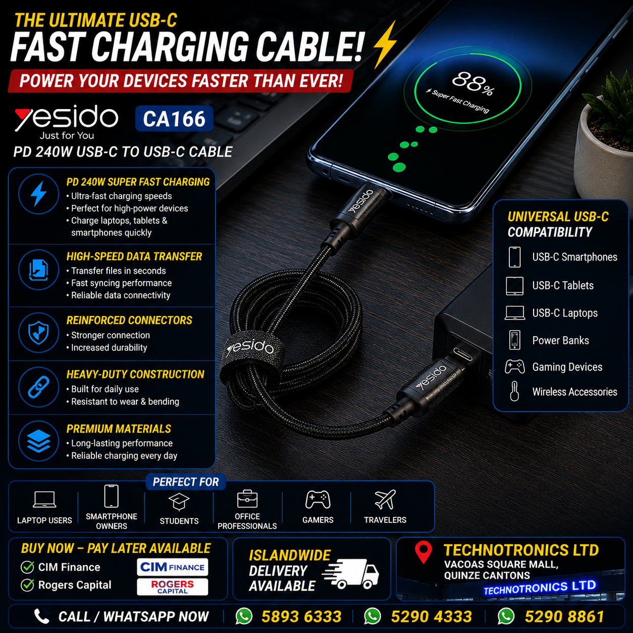 Yesido CA166 PD 240W USB-C / Type-C to USB-C / Type-C Super Fast Charging Data Cable