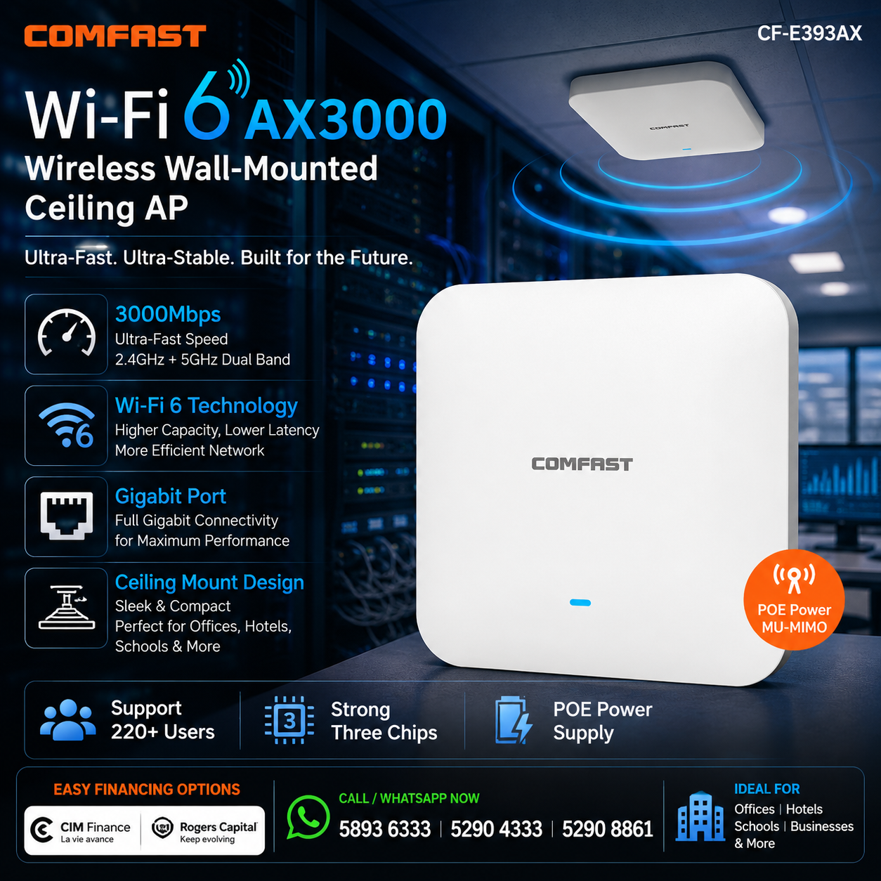 Comfast CF-E393AX 3000Mbps Gigabit WiFi 6 Wireless Ceiling Access Point Dual Band 2.4G+5Ghz