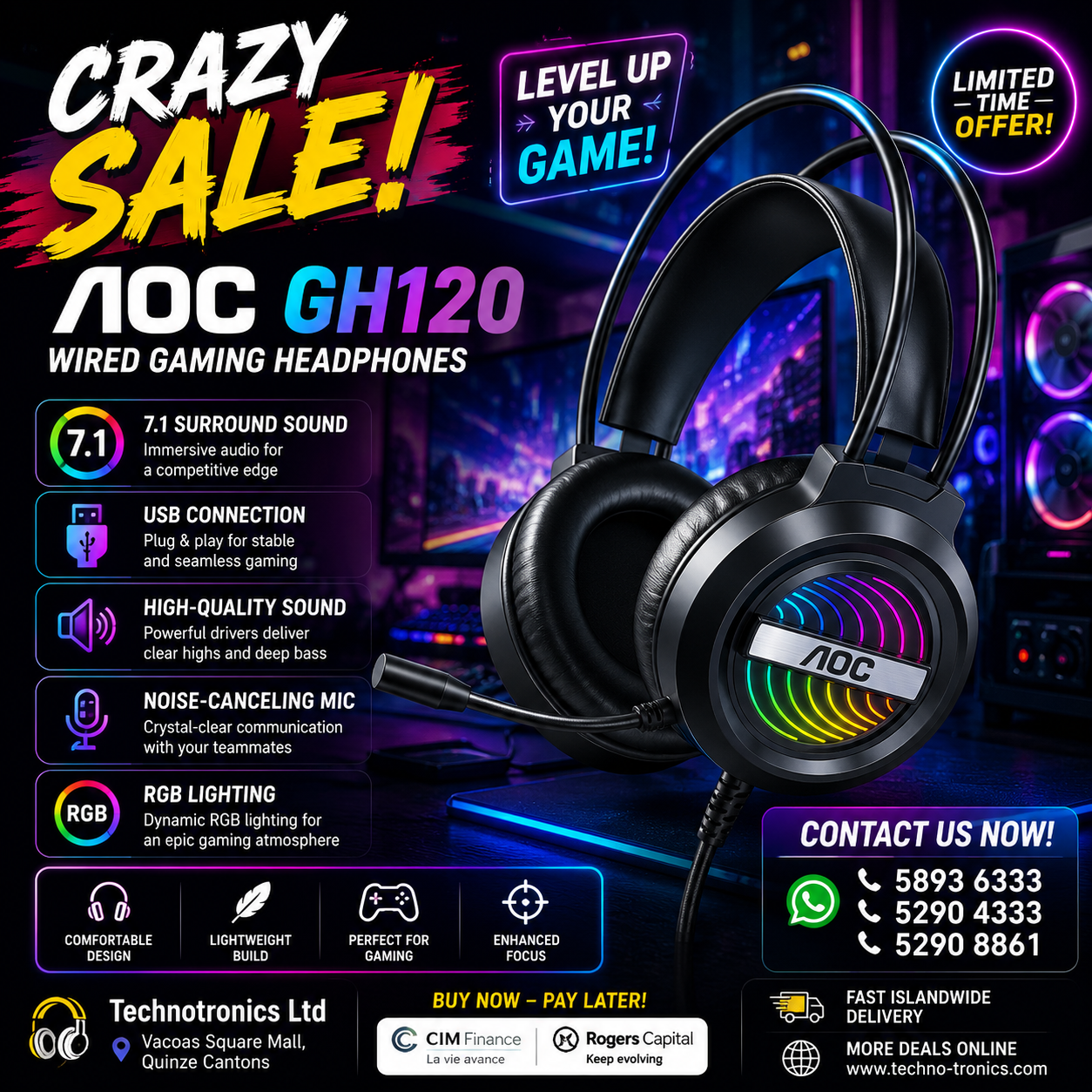 AOC GH120 Wired Gaming Headphones Black USB Jack RGB Phantom 7.1 Channel Glow
