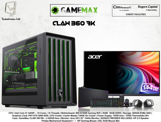 GAMEMAX CLAW 360 BK Set | Intel Core i5 14600KF | RAM: 16GB DDR5 | Storage: 500GB NVMe SSD | Graphics Card: PNY RTX 5060 8GB
