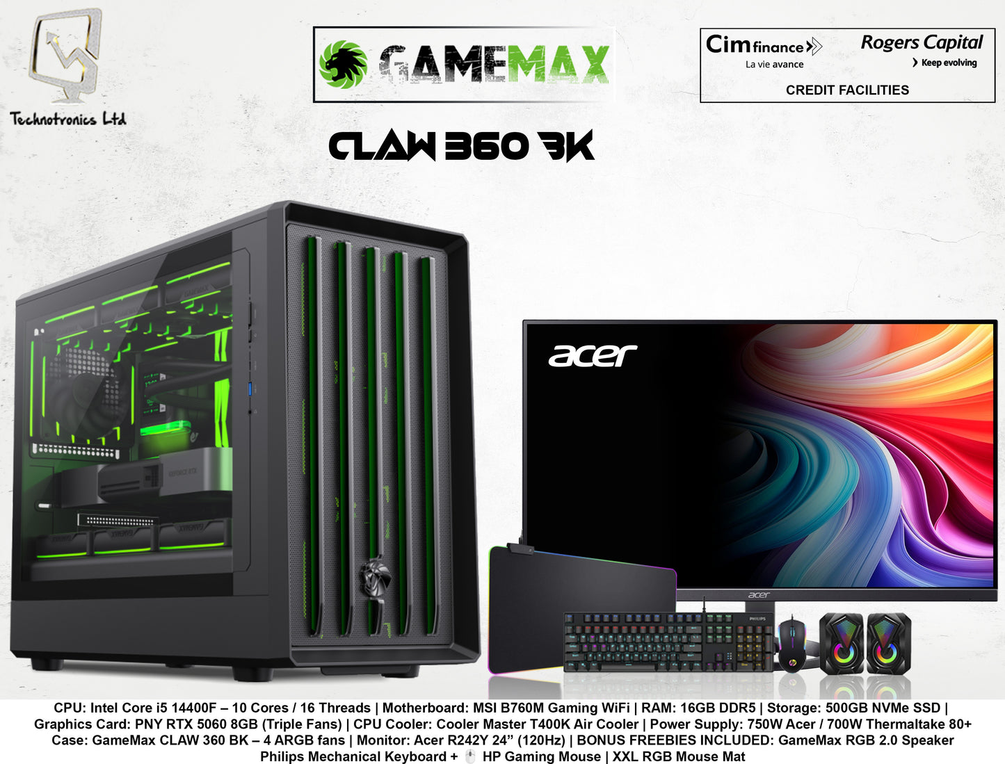 GAMEMAX CLAW 360 BK Set | Intel Core i5 14400F | RAM: 16GB DDR5 | Storage: 500GB NVMe SSD | Graphics Card: PNY RTX 5060 8GB (Triple Fans)