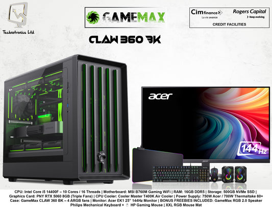 GAMEMAX CLAW 360 BK Set | Intel Core i5 14600KF | RAM: 16GB DDR5 | Storage: 500GB NVMe SSD | Graphics Card: PNY RTX 5060 8GB (Triple Fans)