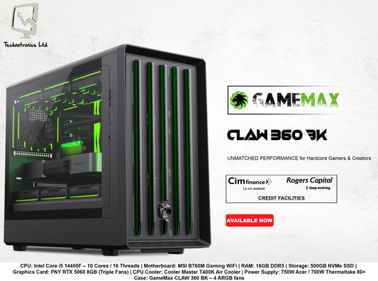 GAMEMAX CLAW 360 BK TOWER | Intel Core i5 14400F | RAM: 16GB DDR5 | Storage: 500GB NVMe SSD | Graphics Card: PNY RTX 5060 8GB (Triple Fans)