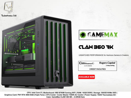 GAMEMAX CLAW 360 BK TOWER | Intel Core i5 14600KF | RAM: 16GB DDR5 | Storage: 500GB NVMe SSD | Graphics Card: PNY RTX 5060 8GB (Triple Fans)