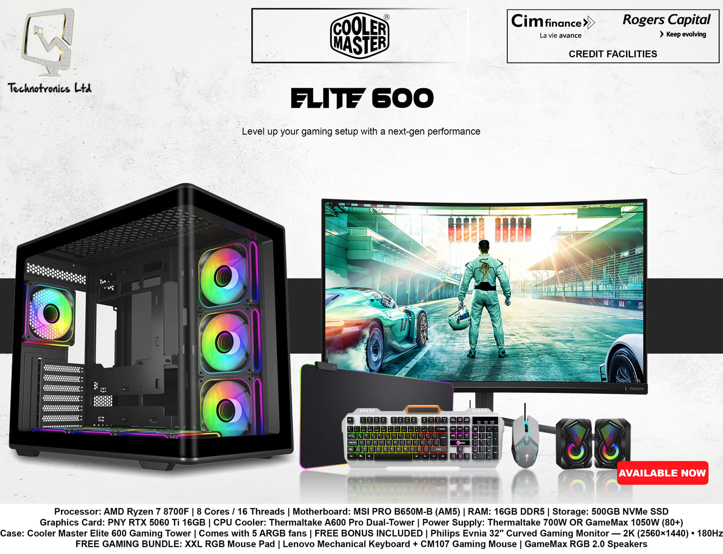 Cooler Master Elite 600 Gaming Set | Processor: AMD Ryzen 7 8700F | RAM: 16GB DDR5 | Storage: 500GB NVMe SSD | Graphics Card: PNY RTX 5060 Ti 16GB