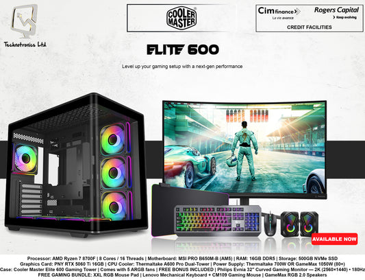 Cooler Master Elite 600 Gaming Set | Processor: AMD Ryzen 7 8700F | RAM: 16GB DDR5 | Storage: 500GB NVMe SSD | Graphics Card: PNY RTX 5060 Ti 16GB