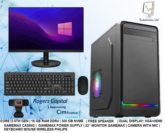 Complete Set CORE I3 6TH GEN SET, 16 GB RAM DDR4, 500 GB NVME, 22 inch Screen,Wireless Keyboard and mouse and Free GIfts