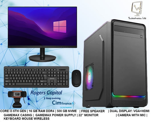 Complete Set CORE I3 6TH GEN SET, 16 GB RAM DDR4, 500 GB NVME, 22 inch Screen,Wireless Keyboard and mouse and Free GIfts