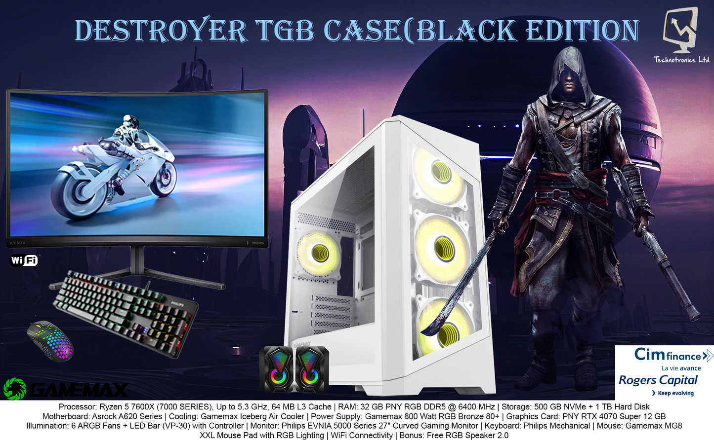 Gamemax Destroyer White Edition Set | Ryzen 5 7600X (7000 SERIES) | 32 GB PNY RGB DDR5 | 500 GB NVMe + 1 TB Hard Disk | Graphics Card: PNY RTX 4070 Super 12 GB