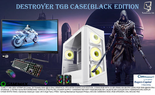 Gamemax Destroyer Case White Edition Set, CORE I7 14TH GEN 14700KF, GRAPHICS: RTX 4070ti OVERCLOCK EDITION, 64 GB PNY DDR5 RGB RAM @6000 Mhz,  2 TB PNY Nvme