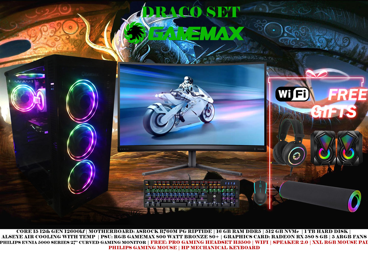 DRACO XD GAMEMAX SET, CORE I5 12TH GEN. 16 GB RAM DDR5, 512 GB NVME, RX 580 8GB GRAPHICS CARD
