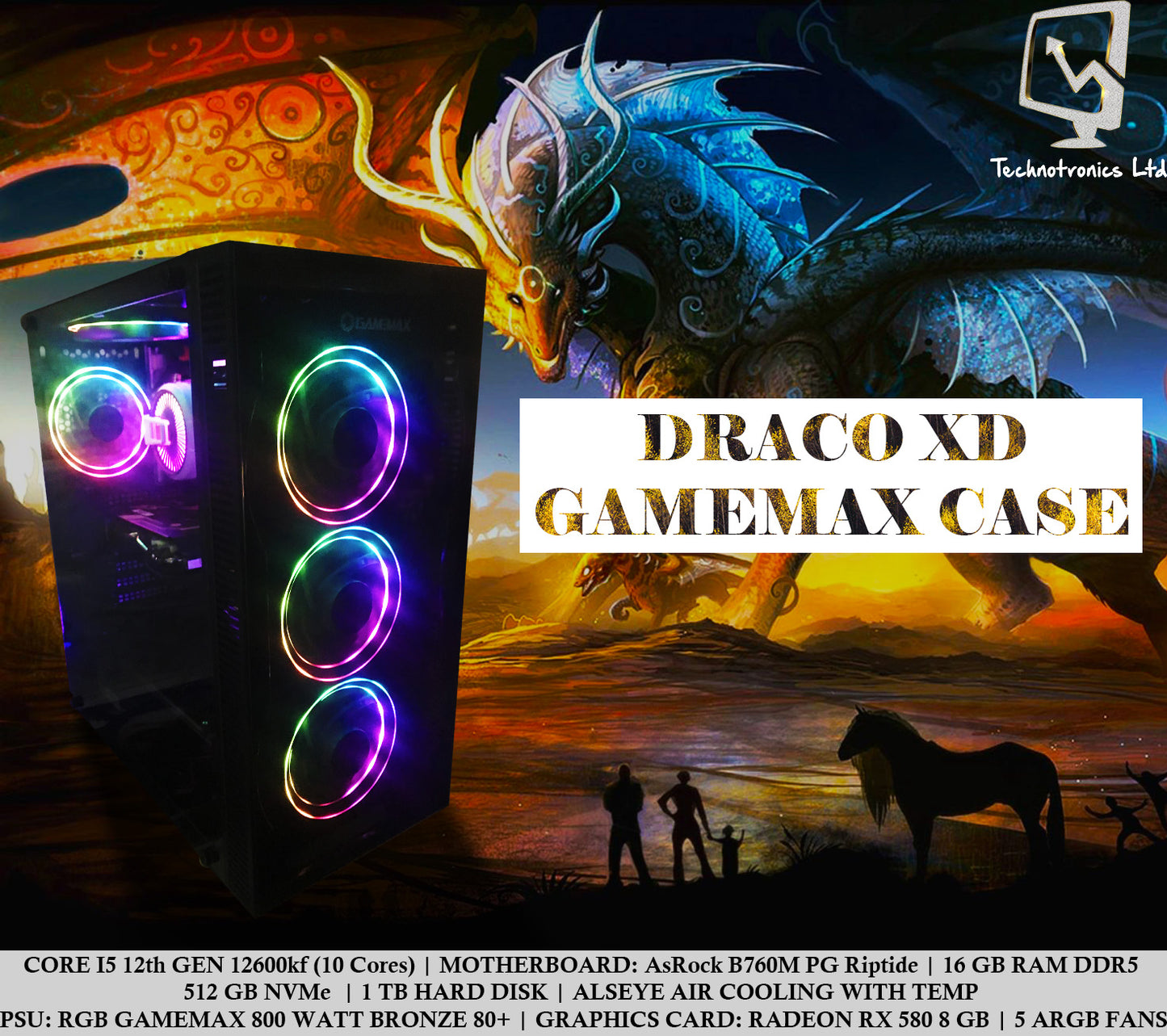 DRACO XD GAMEMAX CASE, CORE I5 12TH GEN. 16 GB RAM DDR5, 512 GB NVME, RX 580 8GB GRAPHICS CARD