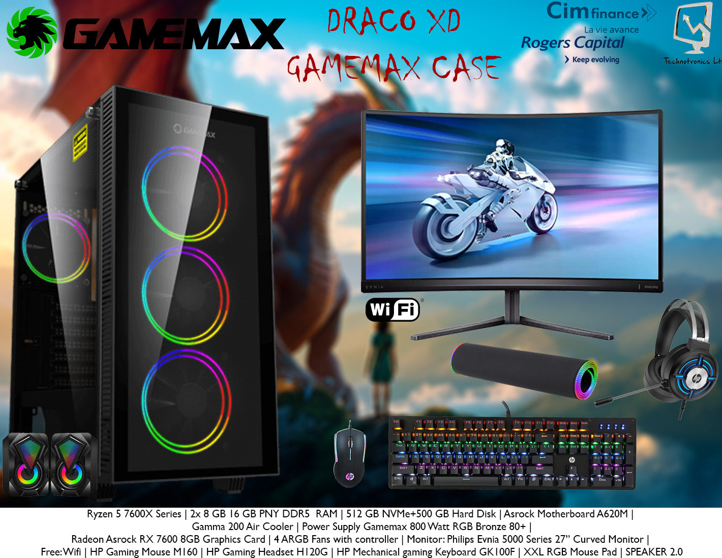 GAMEMAX Draco xD SET, RYZEN 5 7600x SERIES, 16 GB RAM DDR5 , Asrock RADEON RX 7600 8 GB