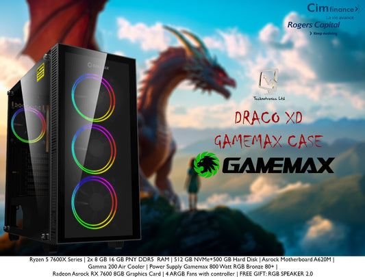 GAMEMAX Draco xD  CASE, RYZEN 5 7600x SERIES, 16 GB RAM DDR5 , Asrock  RADEON RX 7600 8 GB