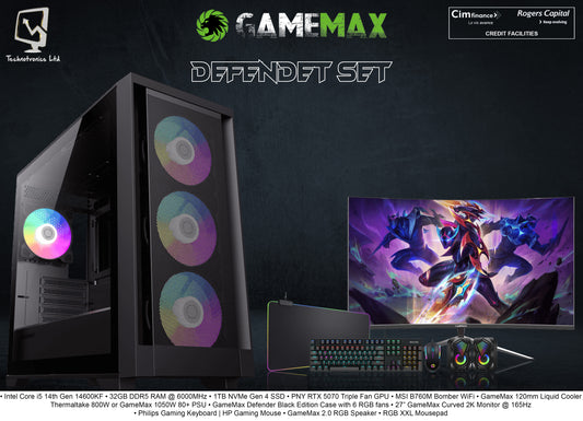 Gamemax Defender Set • Intel Core i5 14th Gen 14600KF • 32GB DDR5 RAM @ 6000MHz • 1TB NVMe Gen 4 SSD • PNY RTX 5070 Triple Fan GPU