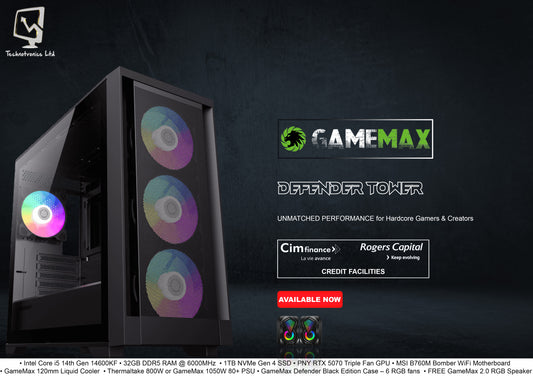 Gamemax Defender Tower • Intel Core i5 14th Gen 14600KF • 32GB DDR5 RAM @ 6000MHz  • 1TB NVMe Gen 4 SSD • PNY RTX 5070 Triple Fan GPU
