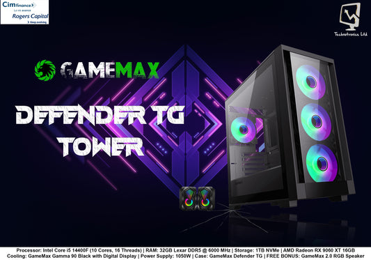 GameMax Defender TG Gaming Tower | Processor: Intel Core i5 14400F (10 Cores, 16 Threads) | RAM: 32GB Lexar DDR5 @ 6000 MHz | Storage: 1TB NVMe | Graphics: AMD Radeon 9060 XT 16 GB