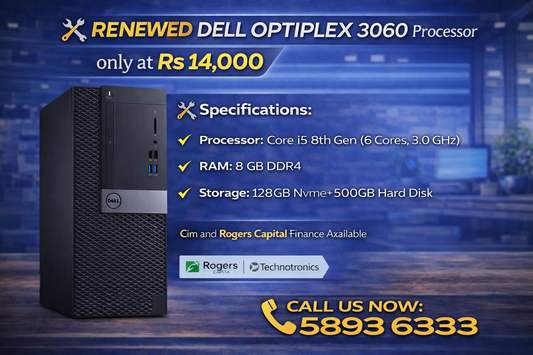 Dell Optiplex 3060  Processor: Core i5 8th Gen  RAM: 8 GB  Storage: 128 gb Nvme+500GB Hard Disk
