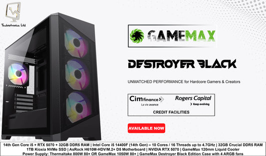 Destroyer Black Edition Tower | Intel Core i5 14400F (14th Gen) – 10 Cores / 16 Threads up to 4.7GHz | 32GB Crucial DDR5 RAM | 1TB Kioxia NVMe SSD |  NVIDIA RTX 5070